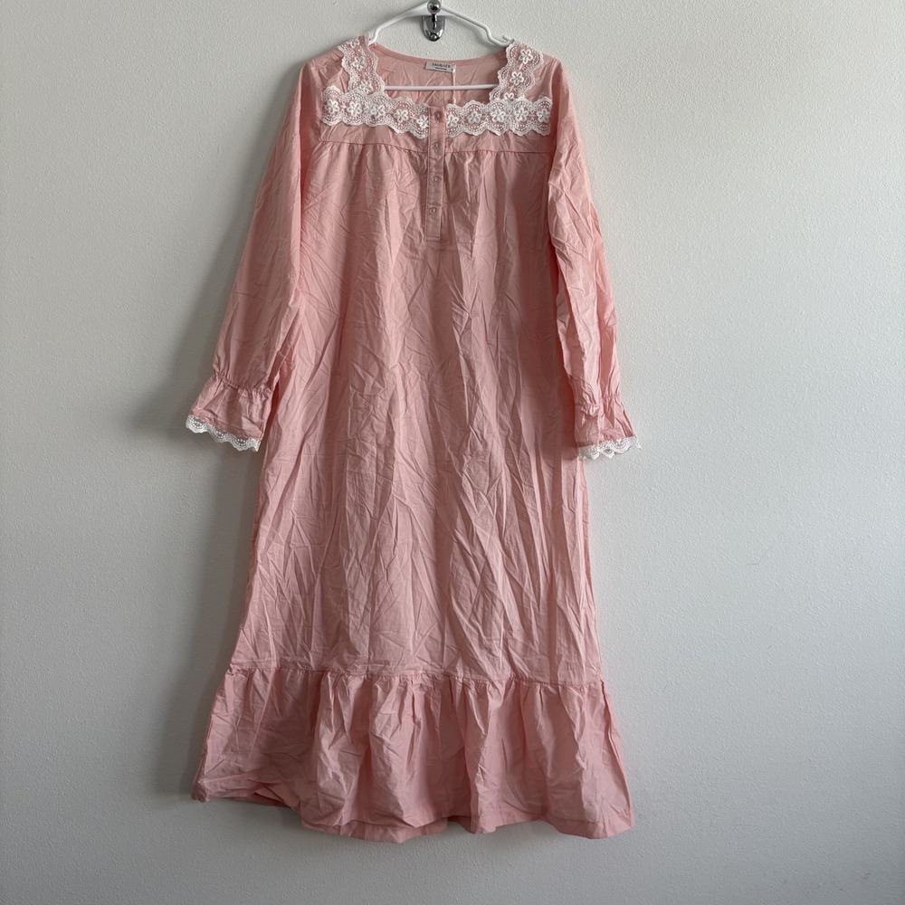 Ekouaer Pink Victorian Lace Trimmed Ballet Nightgown Cotton Long Sleeve Women M